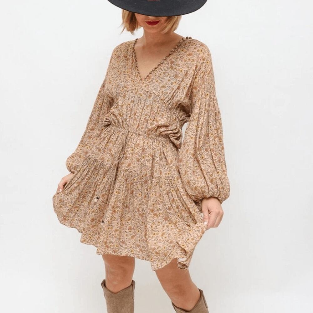 Doen Grasse Jaipur Dress Womens XS Flowy Boho Peasant Floral Cotton V-Neck